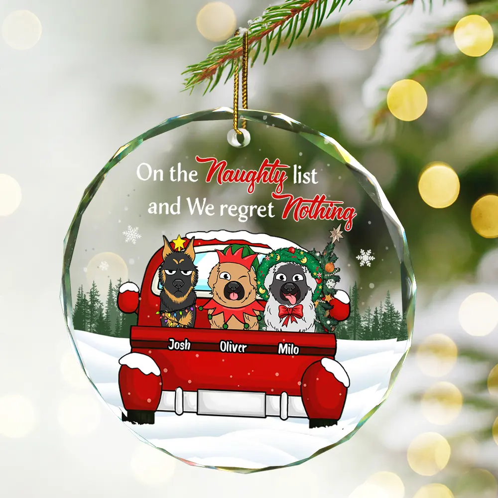 Christmas Dog Lovers On The Naughty List - Personalized Circle Glass Ornament - Image 2
