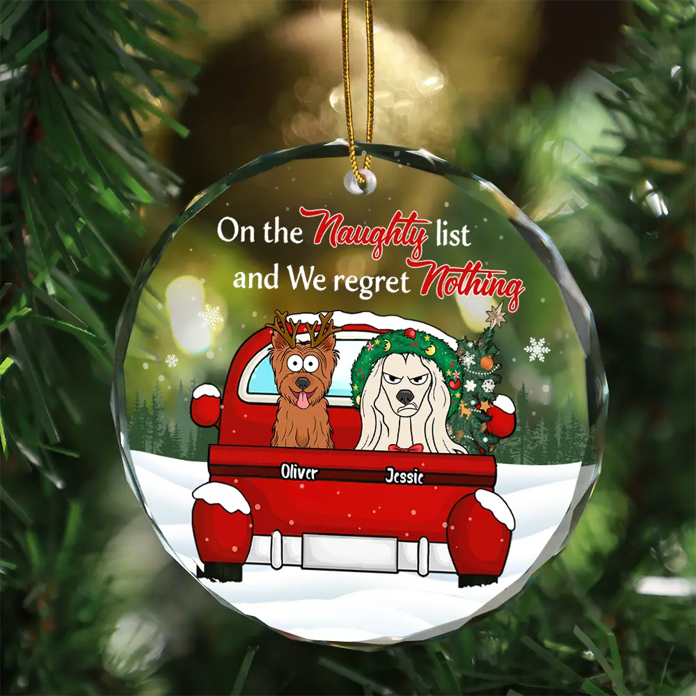 Christmas Dog Lovers On The Naughty List - Personalized Circle Glass Ornament - Image 3