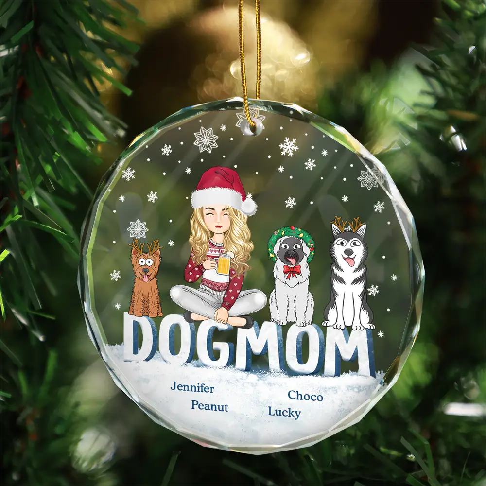 Christmas Dog Mom Cartoon Style - Personalized Circle Glass Ornament - Image 3