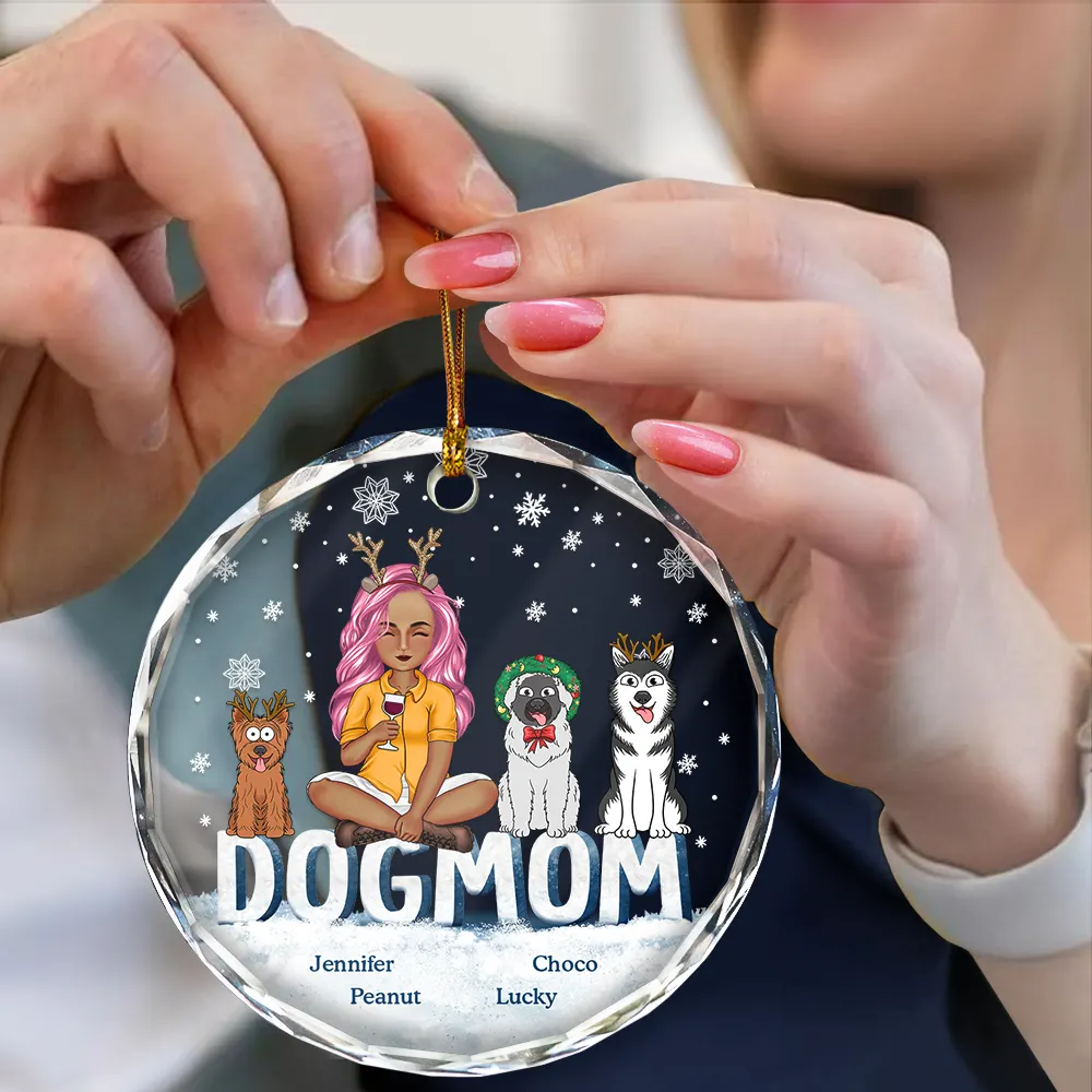 Christmas Dog Mom Cartoon Style - Personalized Circle Glass Ornament - Image 4