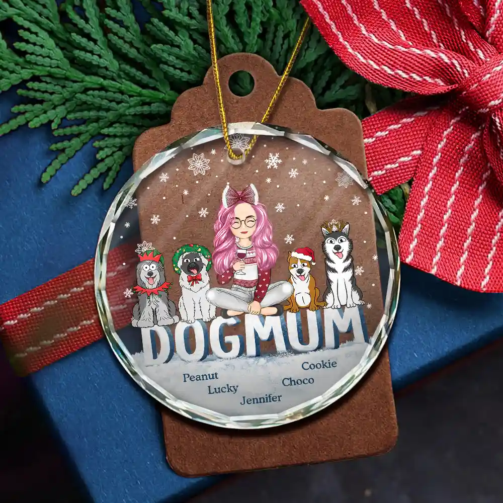 Christmas Dog Mom Cartoon Style - Personalized Circle Glass Ornament - Image 5