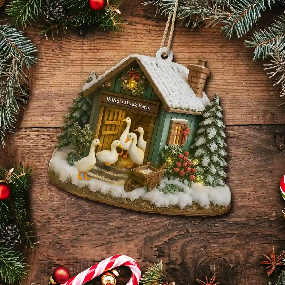 Christmas Duck Farm - Personalized Custom Shaped Wooden Ornament - Image 5