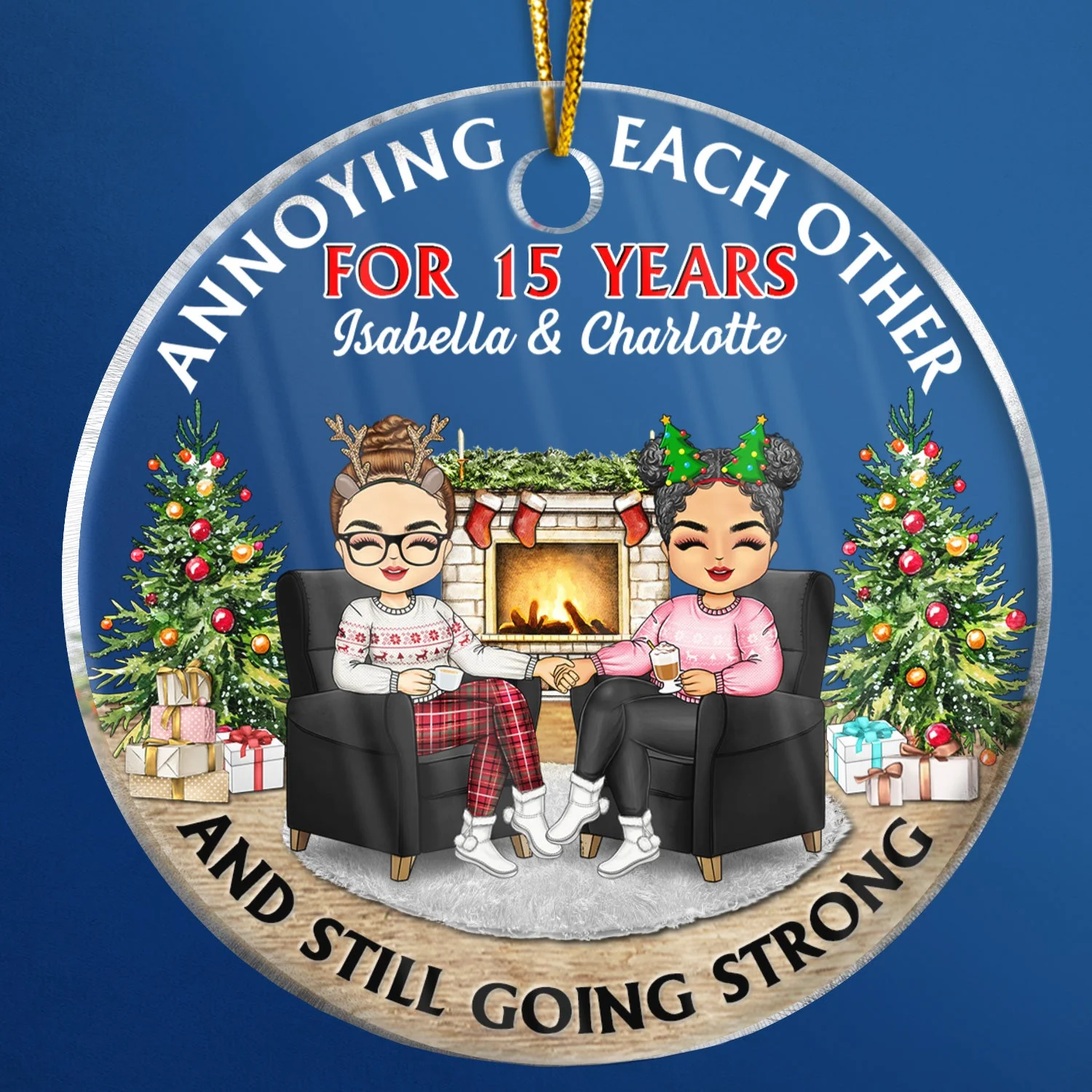 Christmas Family Chibi Couple Annoying Each Other Since - Gift For Couples - Personalized Custom Circle Acrylic Ornament - Image 4