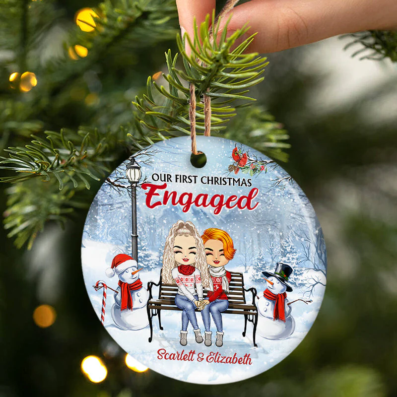 Christmas Family Chibi Couple Our First Christmas Together - Gift For Couples - Personalized Custom Circle Ceramic Ornament - Image 2