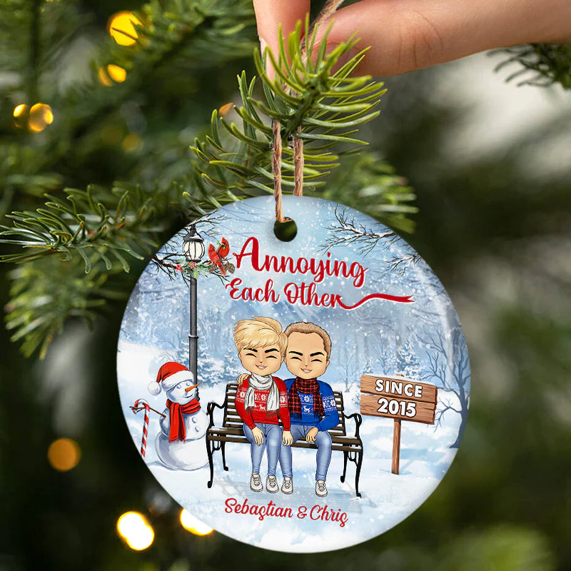 Christmas Family Couple Annoying Each Other Since - Gift For Couples - Personalized Custom Circle Ceramic Ornament - Image 2