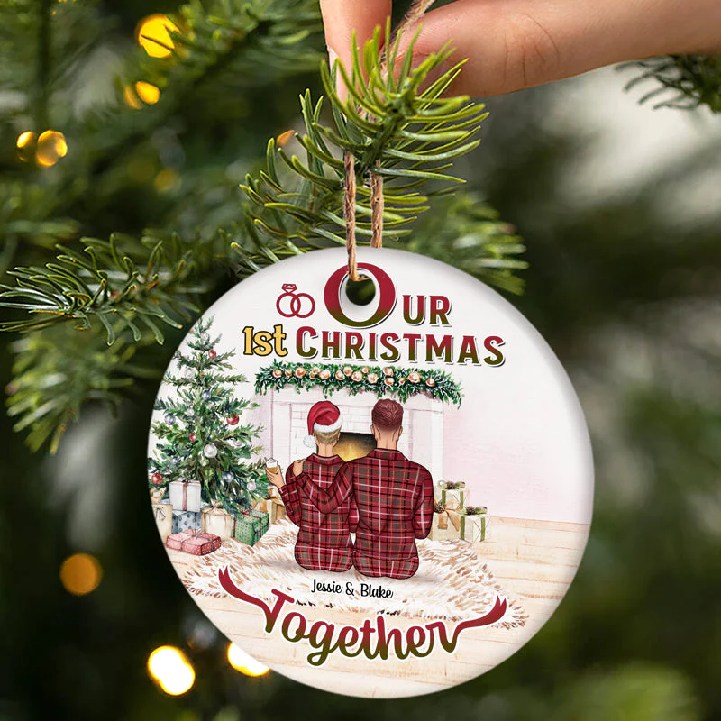 Christmas Family Couple First Christmas Together - Personalized Custom Circle Ceramic Ornament - Image 2