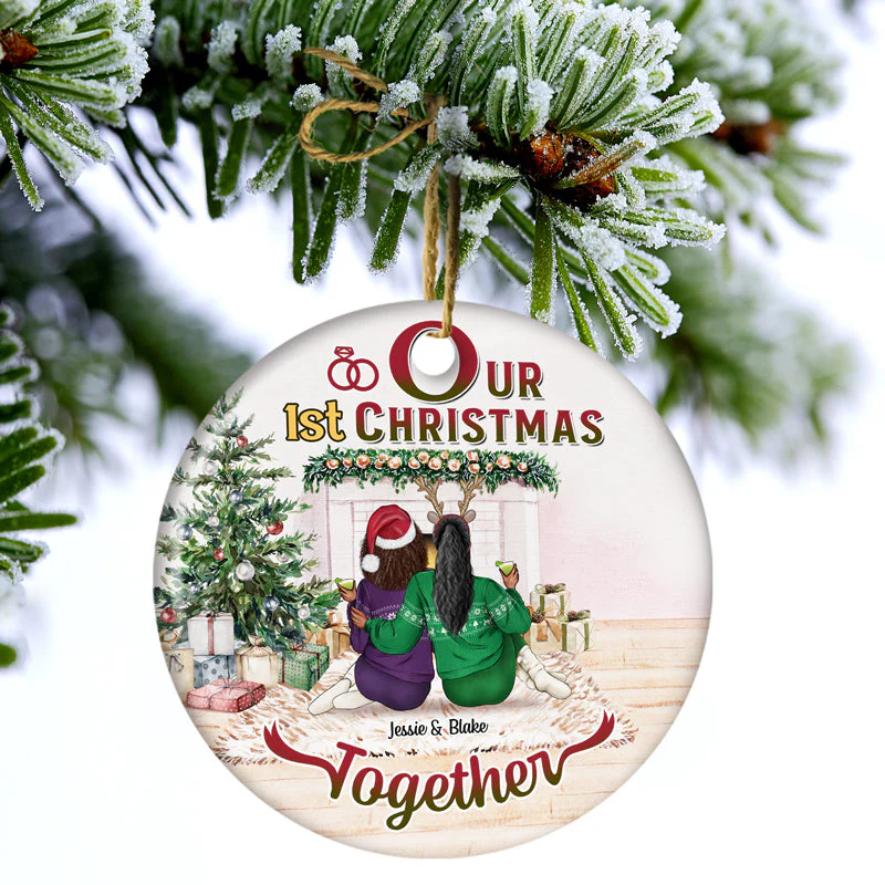 Christmas Family Couple First Christmas Together - Personalized Custom Circle Ceramic Ornament - Image 3