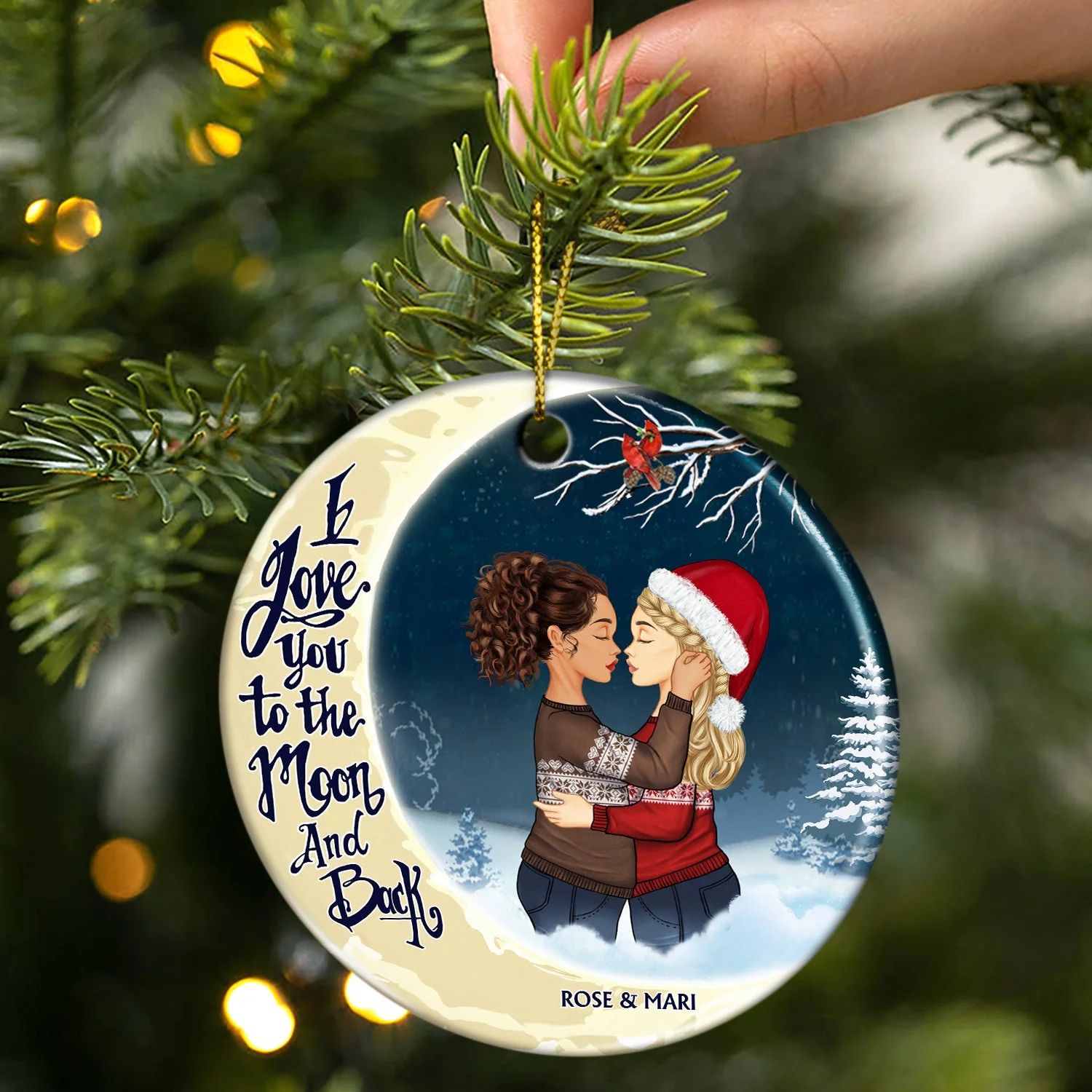 Christmas Family Couple I Love You To The Moon And Back - Gift For Couples - Personalized Custom Circle Ceramic Ornament - Image 2