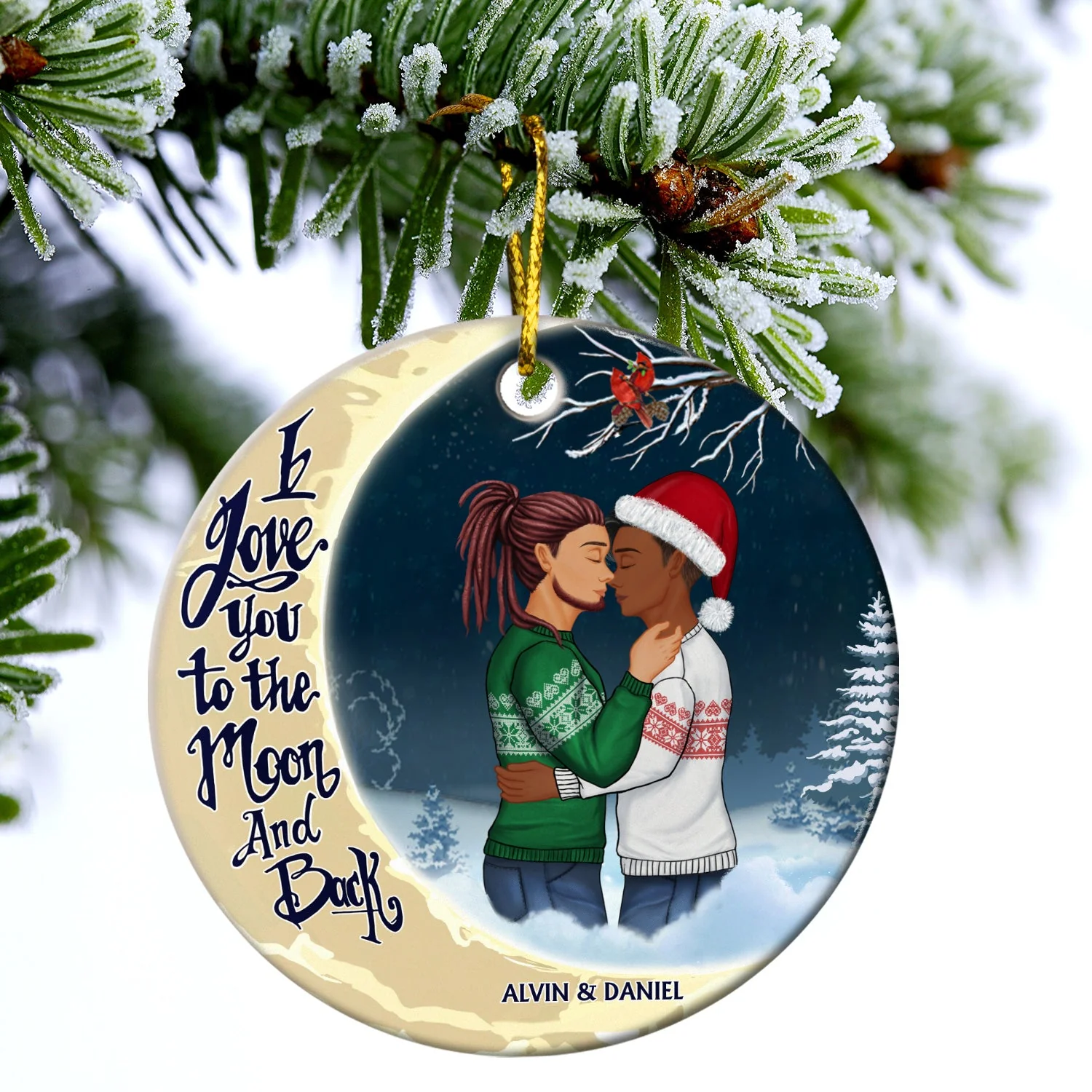 Christmas Family Couple I Love You To The Moon And Back - Gift For Couples - Personalized Custom Circle Ceramic Ornament - Image 3
