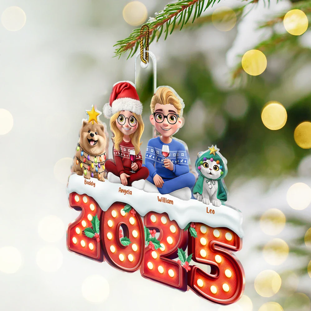 Christmas Family Dogs & Cats Sitting Marquee Effect - Personalized Custom Shaped Acrylic Ornament - Image 2