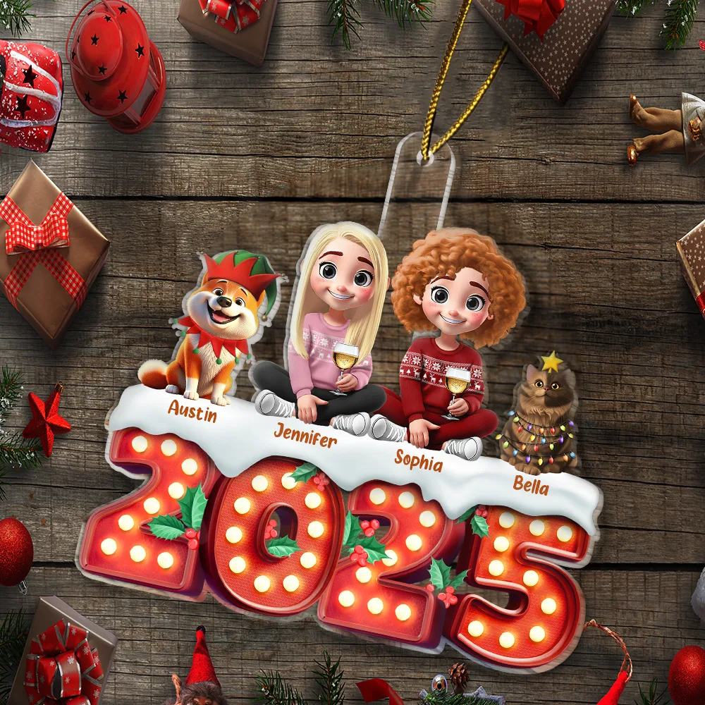 Christmas Family Dogs & Cats Sitting Marquee Effect - Personalized Custom Shaped Acrylic Ornament - Image 5