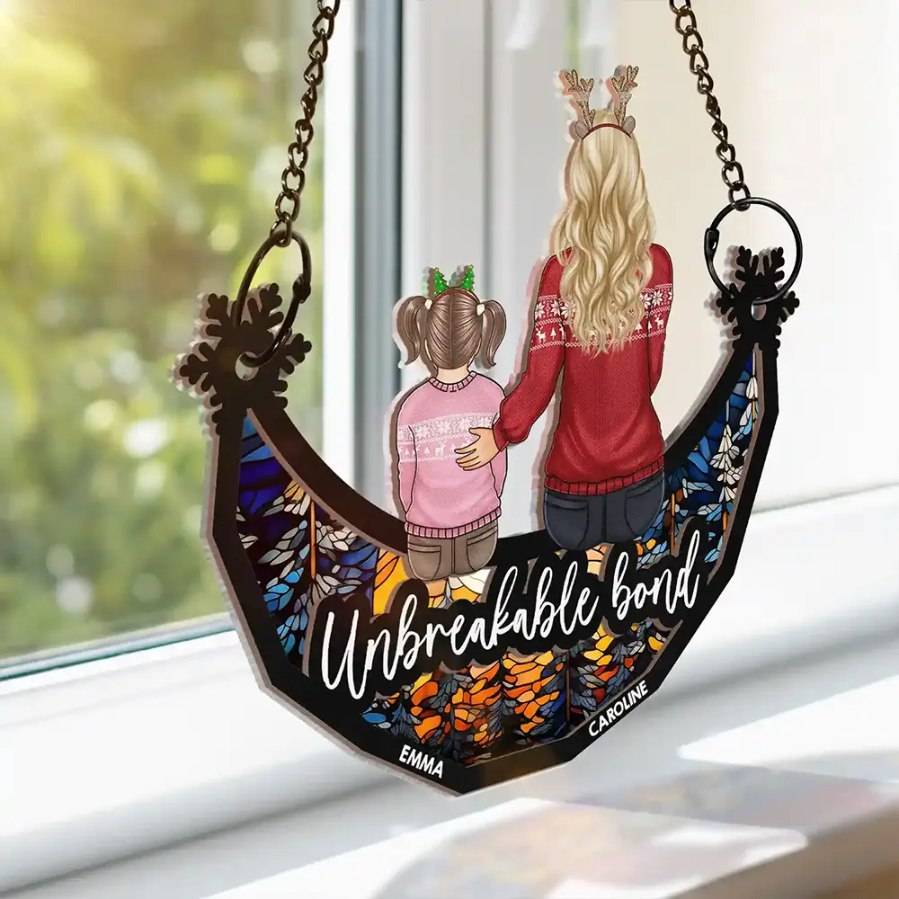 Christmas Family Forever Unbreakable Bond Sitting On Moon - Personalized Window Hanging Suncatcher Ornament - Image 3