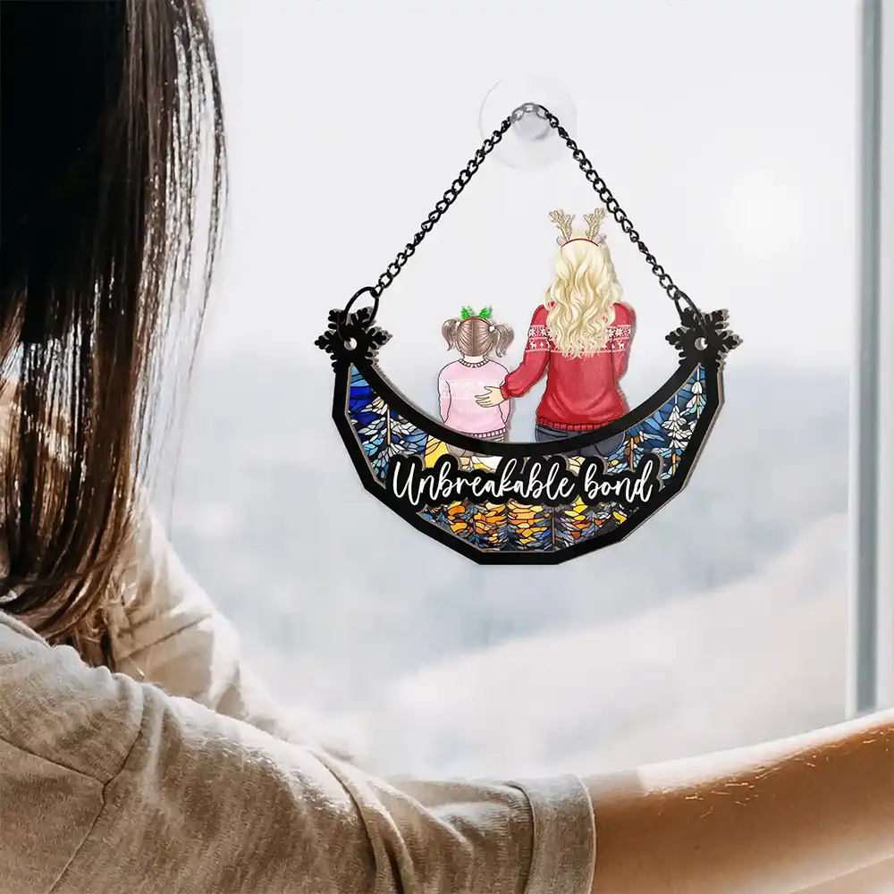Christmas Family Forever Unbreakable Bond Sitting On Moon - Personalized Window Hanging Suncatcher Ornament - Image 4