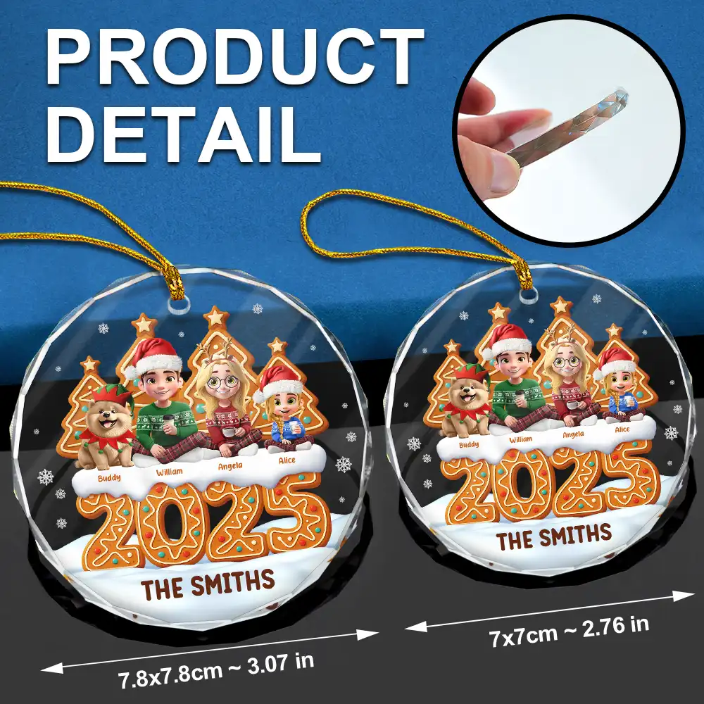 Christmas Family Gingerbread 3D Effect - Personalized Circle Glass Ornament - Image 6