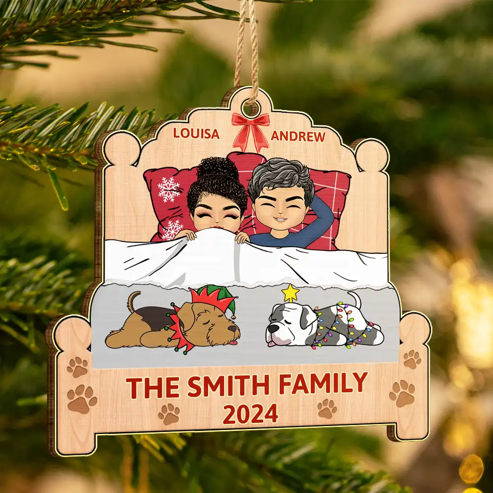 Christmas Family Lying On The Bed - Personalized Custom Shaped Wooden Ornament - Image 3