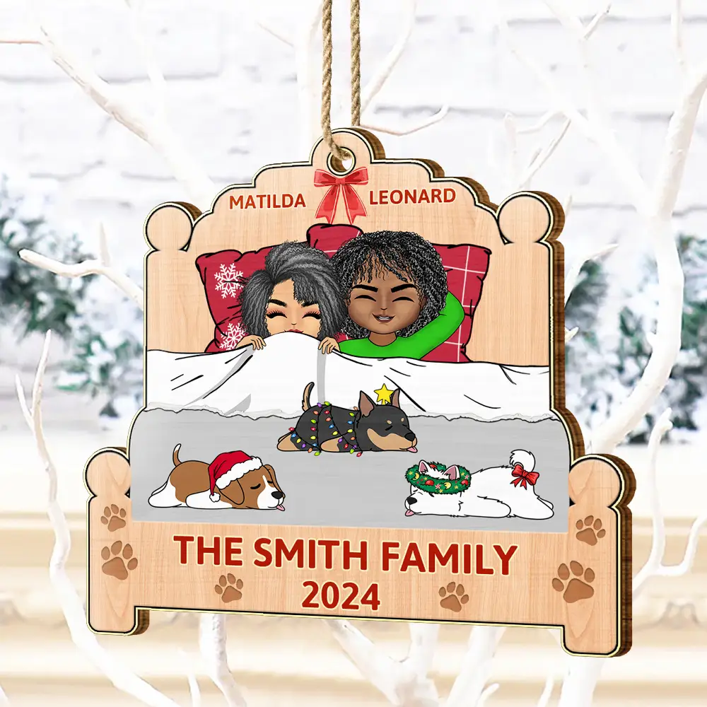 Christmas Family Lying On The Bed - Personalized Custom Shaped Wooden Ornament - Image 4