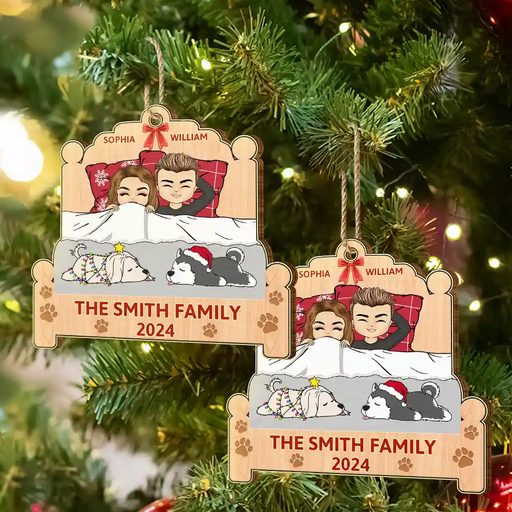Christmas Family Lying On The Bed - Personalized Custom Shaped Wooden Ornament - Image 6