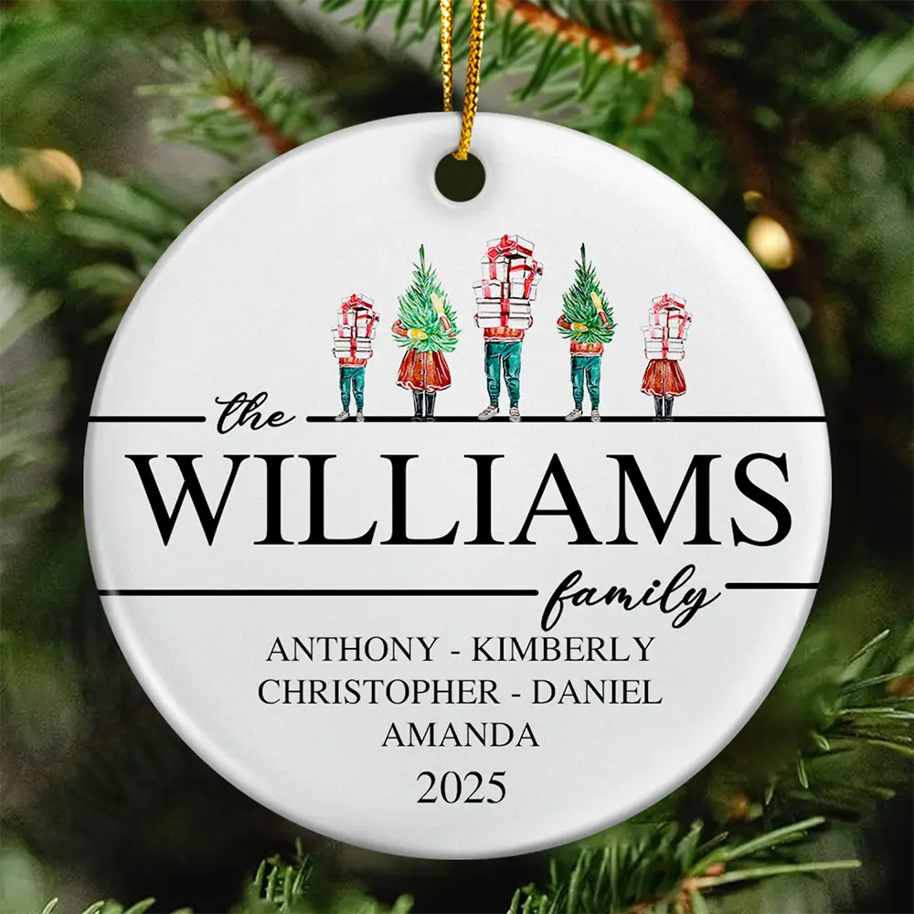 Christmas Family Members Holiday Shopping Watercolor - Personalized Circle Ceramic Ornament - Image 2