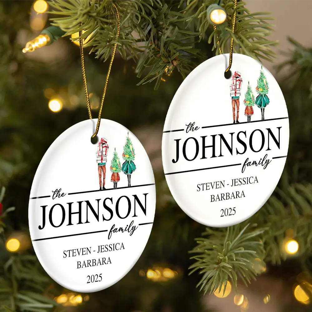 Christmas Family Members Holiday Shopping Watercolor - Personalized Circle Ceramic Ornament - Image 3