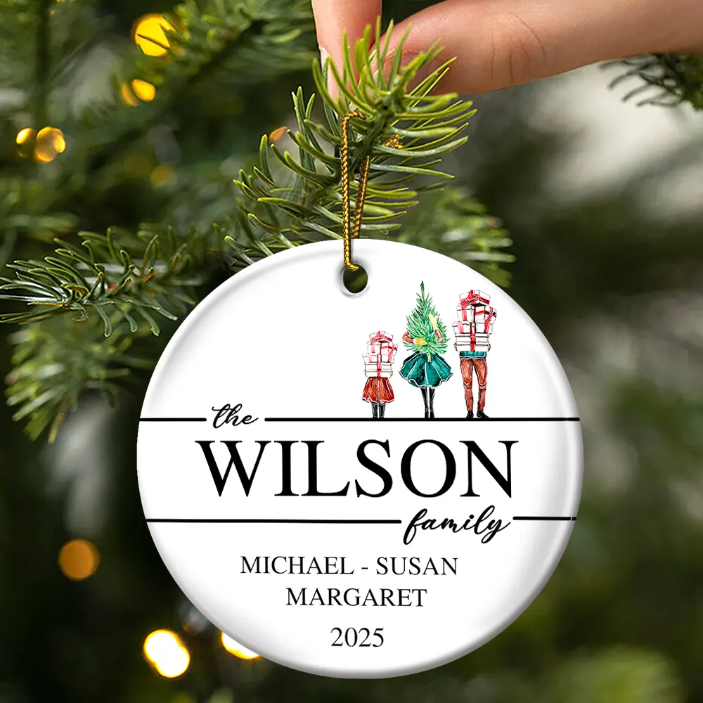 Christmas Family Members Holiday Shopping Watercolor - Personalized Circle Ceramic Ornament - Image 4