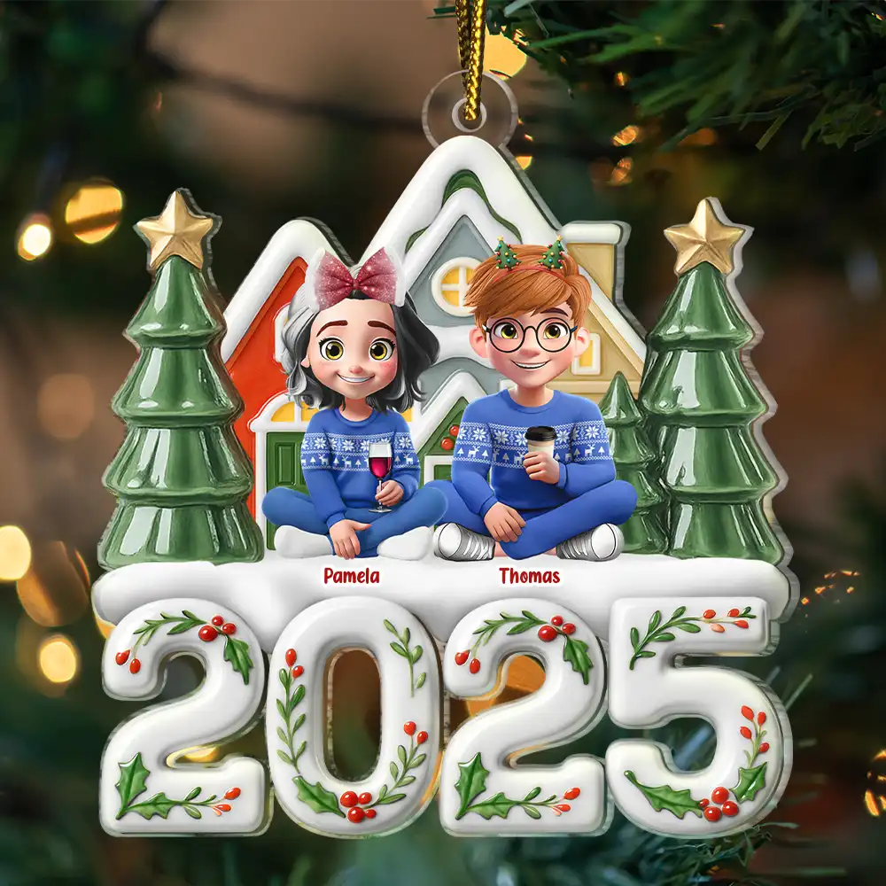 Christmas Family Sitting Together Ceramic Effect - Personalized Custom Shaped Acrylic Ornament - Image 3