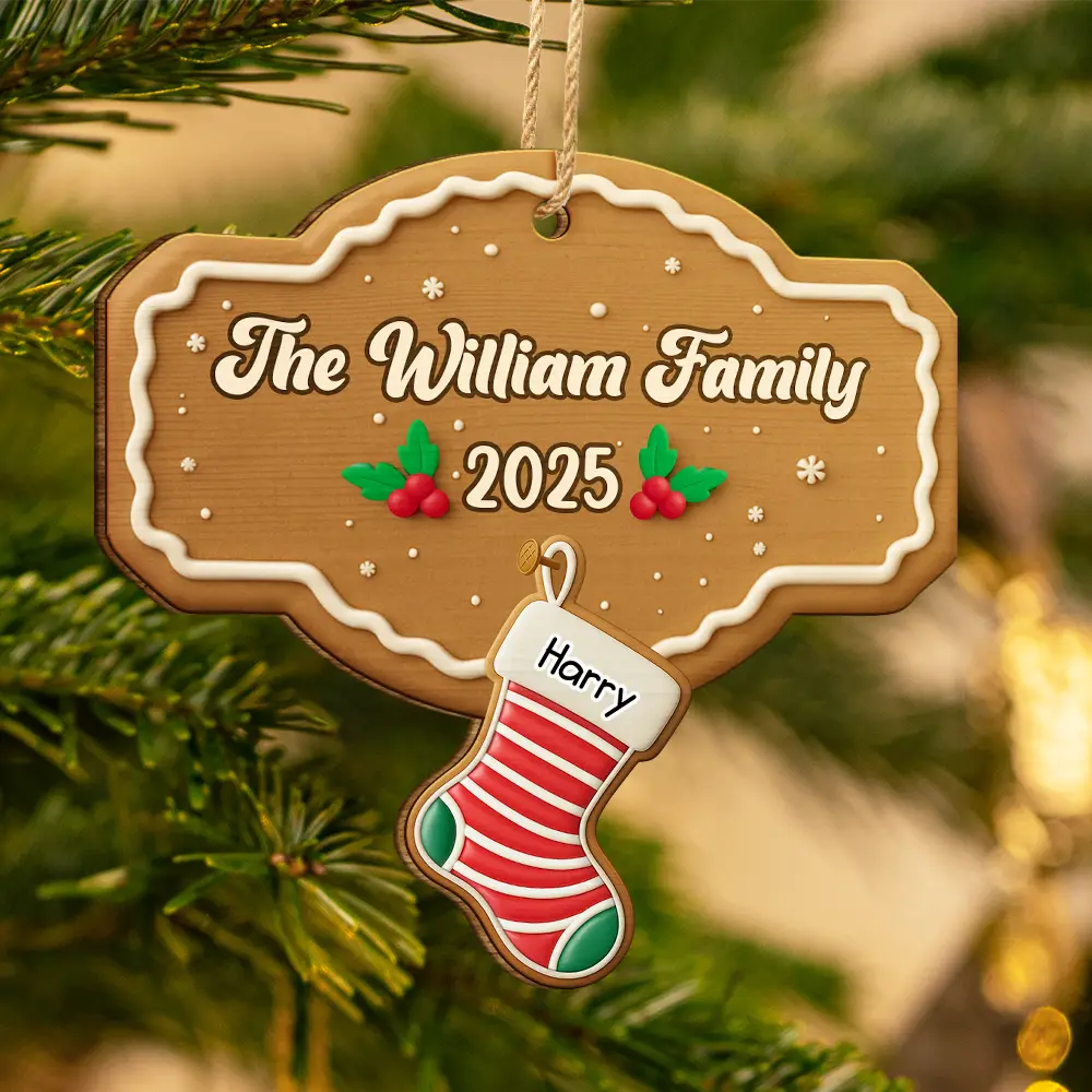 Christmas Family Stockings Ceramic Effect - Personalized Custom Shaped Wooden Ornament - Image 3