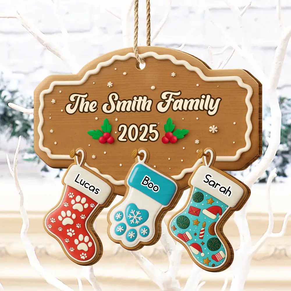 Christmas Family Stockings Ceramic Effect - Personalized Custom Shaped Wooden Ornament - Image 4