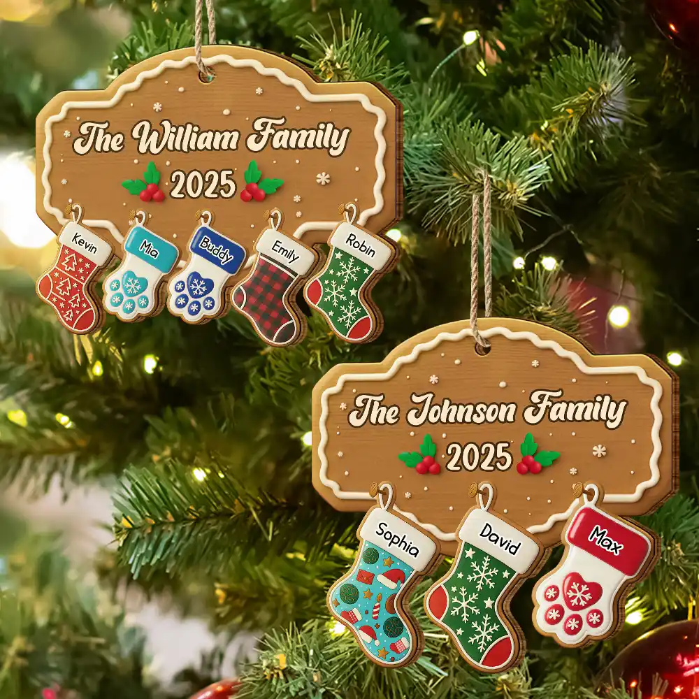 Christmas Family Stockings Ceramic Effect - Personalized Custom Shaped Wooden Ornament - Image 6