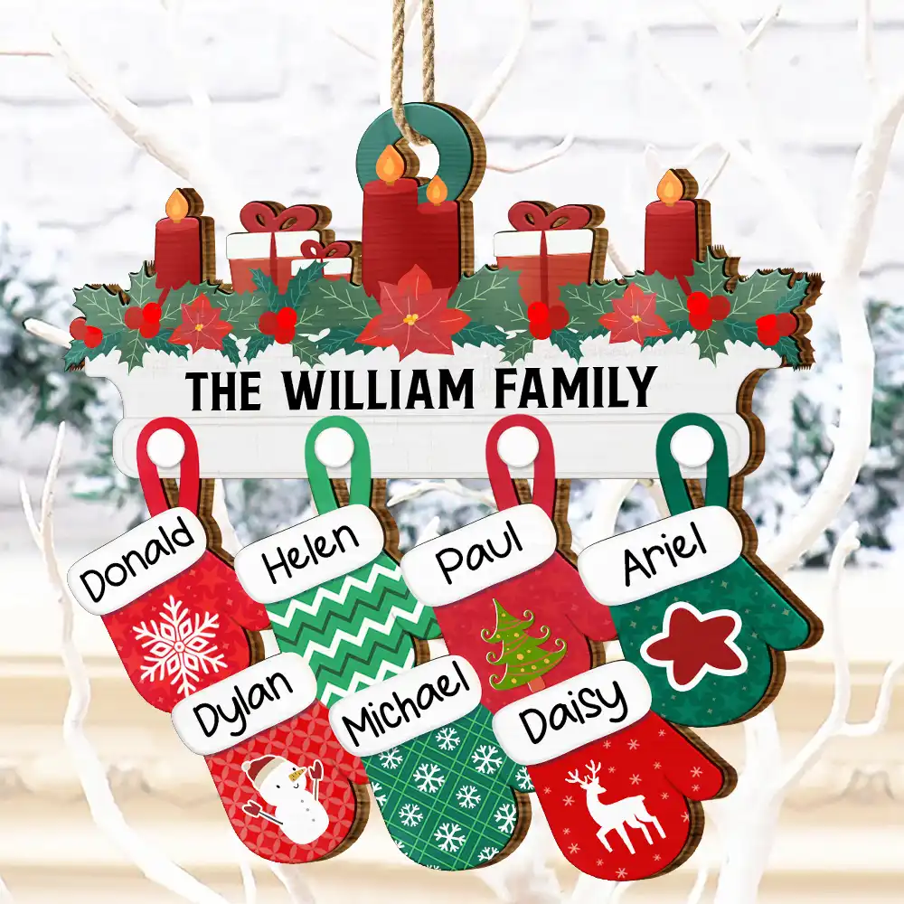 Christmas Family Warm Mittens - Personalized Wooden Cutout Ornament - Image 4