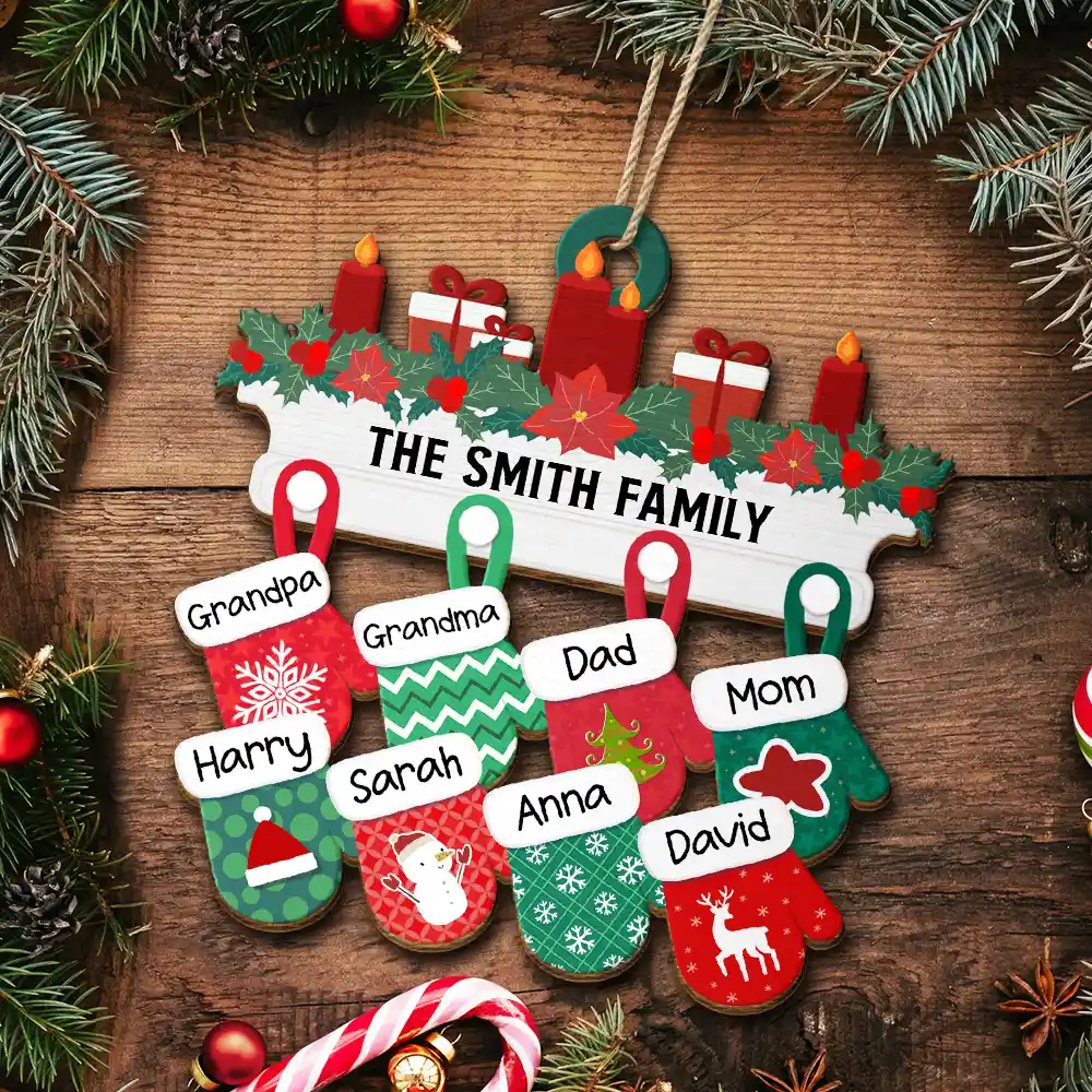 Christmas Family Warm Mittens - Personalized Wooden Cutout Ornament - Image 5