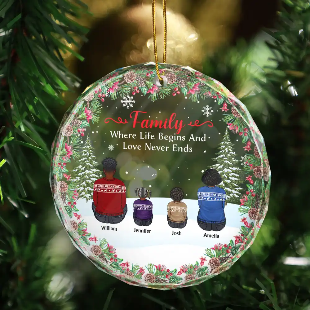 Christmas Family Where Life Begins And Love Never Ends - Personalized Circle Glass Ornament - Image 3