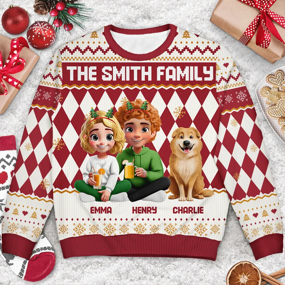 Christmas Family With Kids & Pets Argyle Pattern - Personalized Unisex Ugly Sweater - Image 3