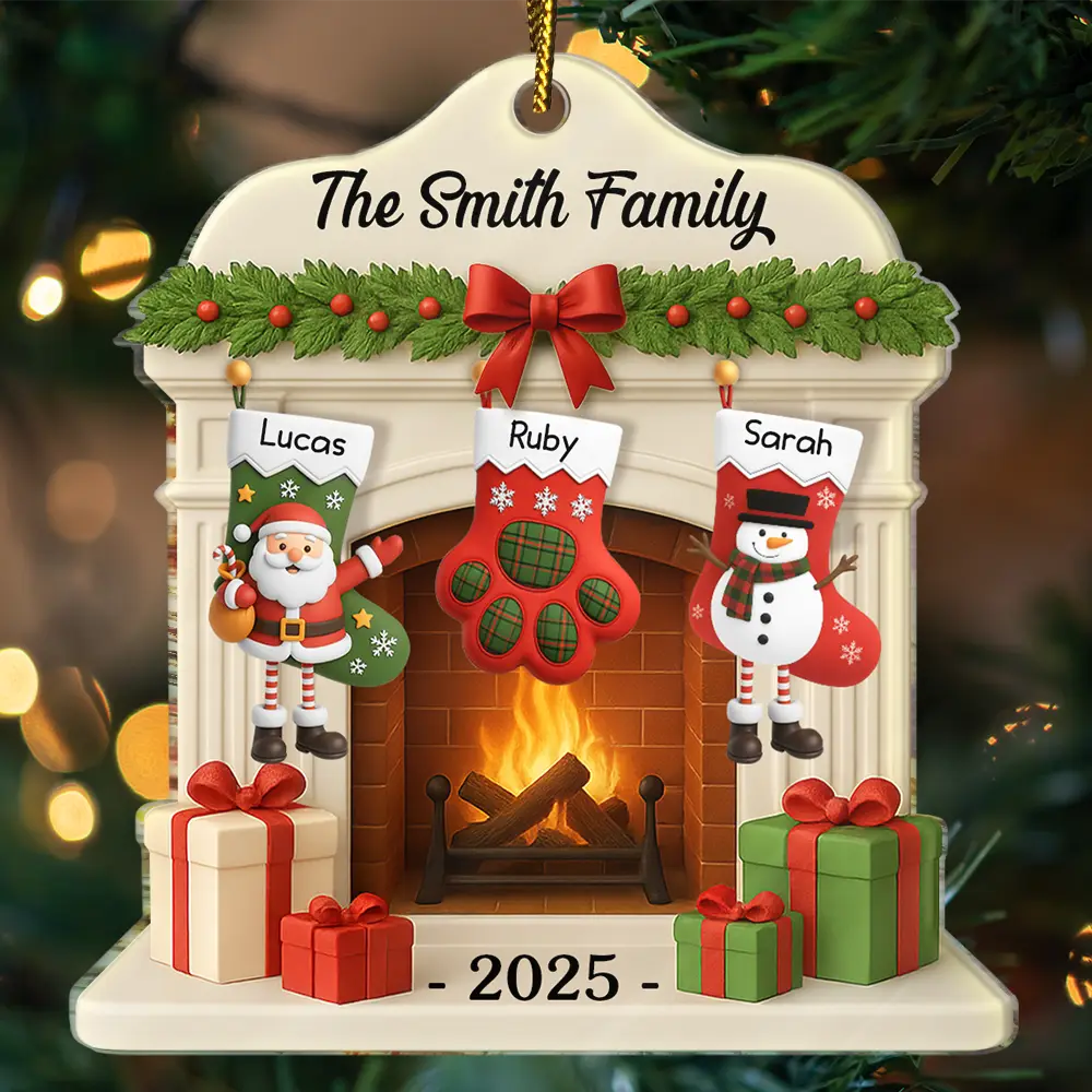 Christmas Fireplace And Stockings Family - Personalized Custom Shaped Acrylic Ornament - Image 3