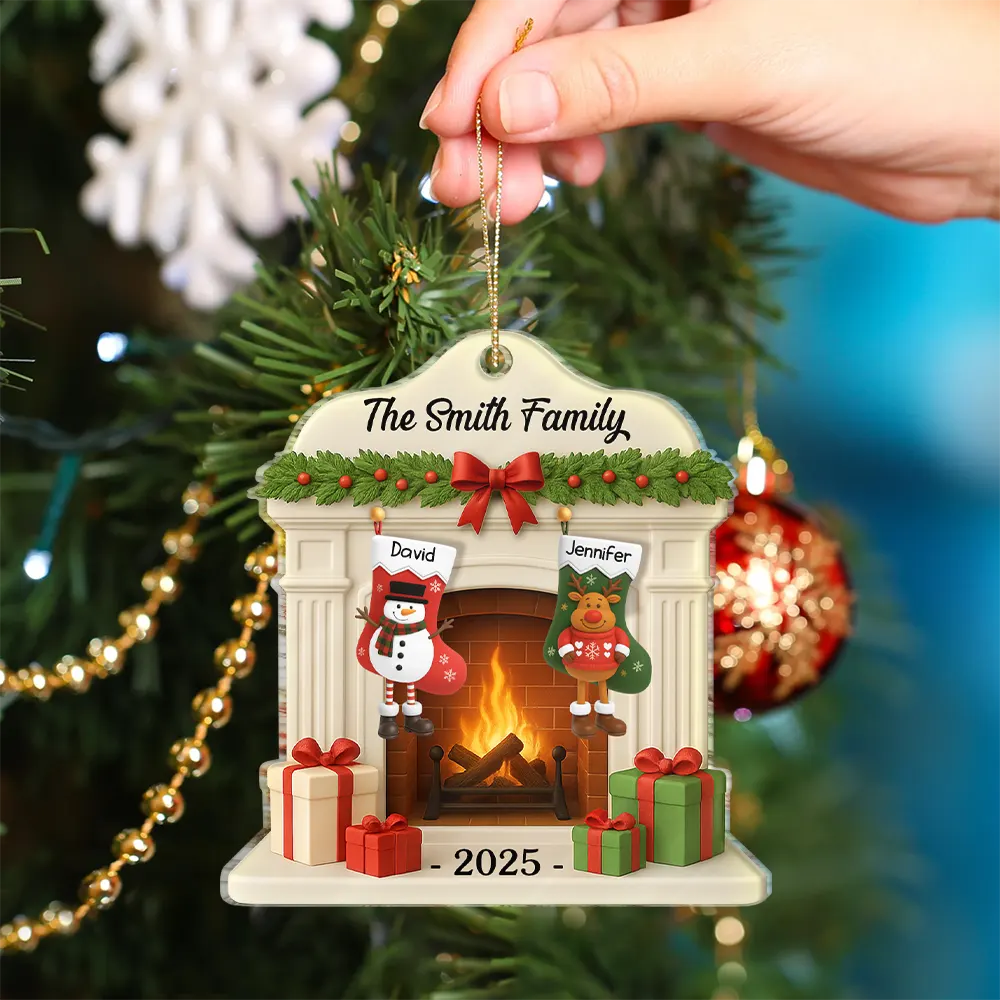 Christmas Fireplace And Stockings Family - Personalized Custom Shaped Acrylic Ornament - Image 4