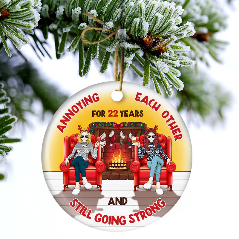 Christmas Fireplace Annoying Each Other - Gift For Couples - Personalized Custom Circle Ceramic Ornament - Image 3