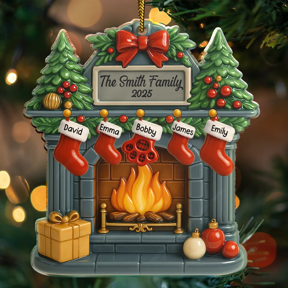 Christmas Fireplace Family Stockings Ceramic Effect - Personalized Custom Shaped Acrylic Ornament - Image 3