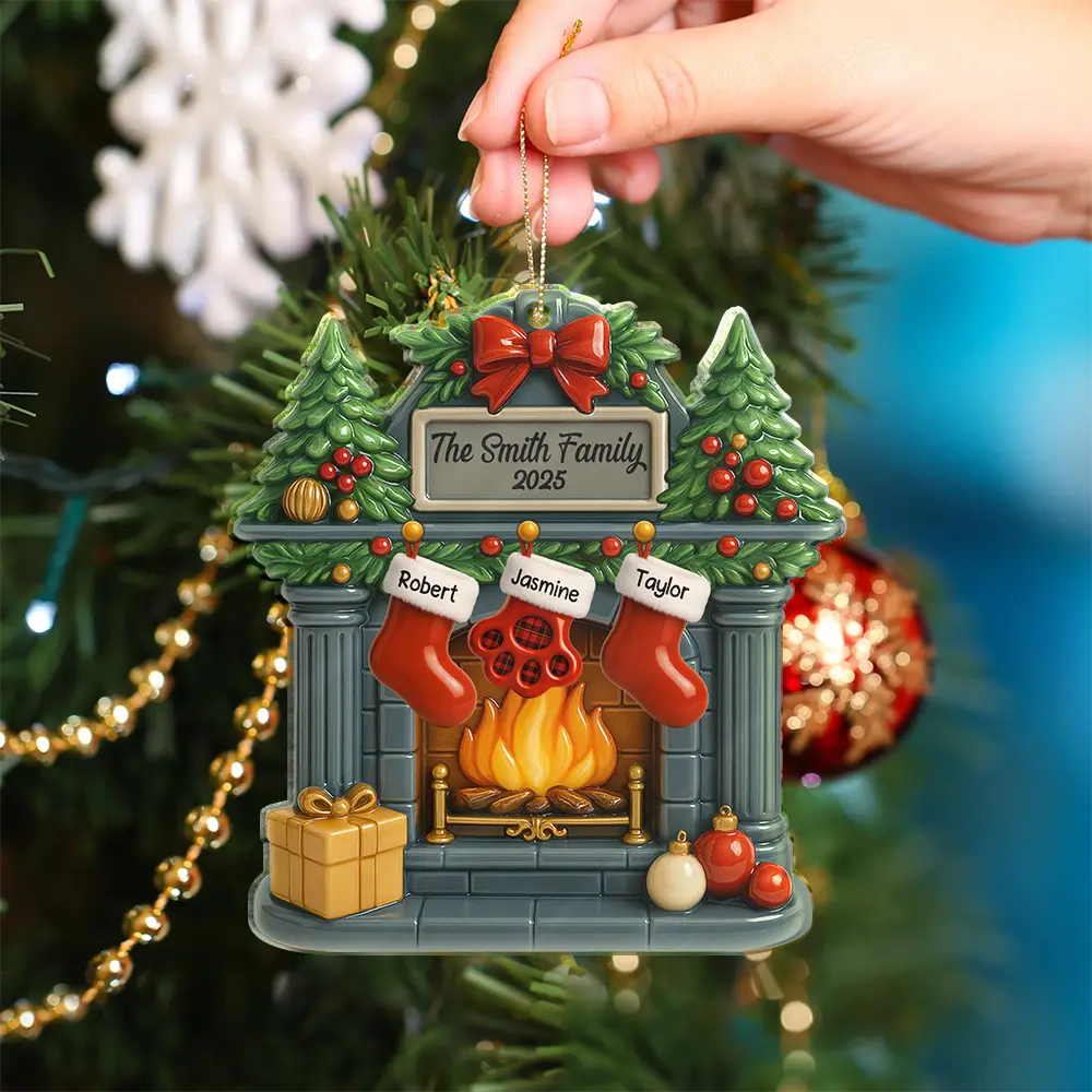 Christmas Fireplace Family Stockings Ceramic Effect - Personalized Custom Shaped Acrylic Ornament - Image 4