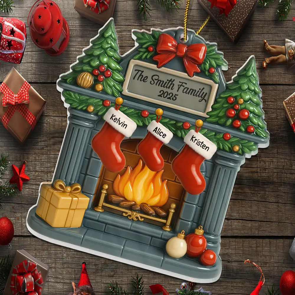 Christmas Fireplace Family Stockings Ceramic Effect - Personalized Custom Shaped Acrylic Ornament - Image 5
