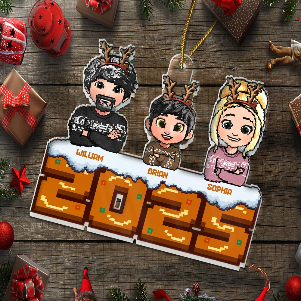 Christmas Fun Family Pixel Game Style - Personalized Custom Shaped Acrylic Ornament - Image 5
