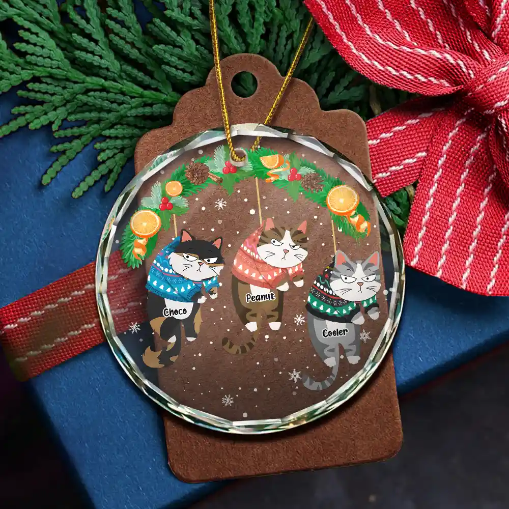 Christmas Funny Hanging Cats - Personalized Circle Glass Ornament - Image 5