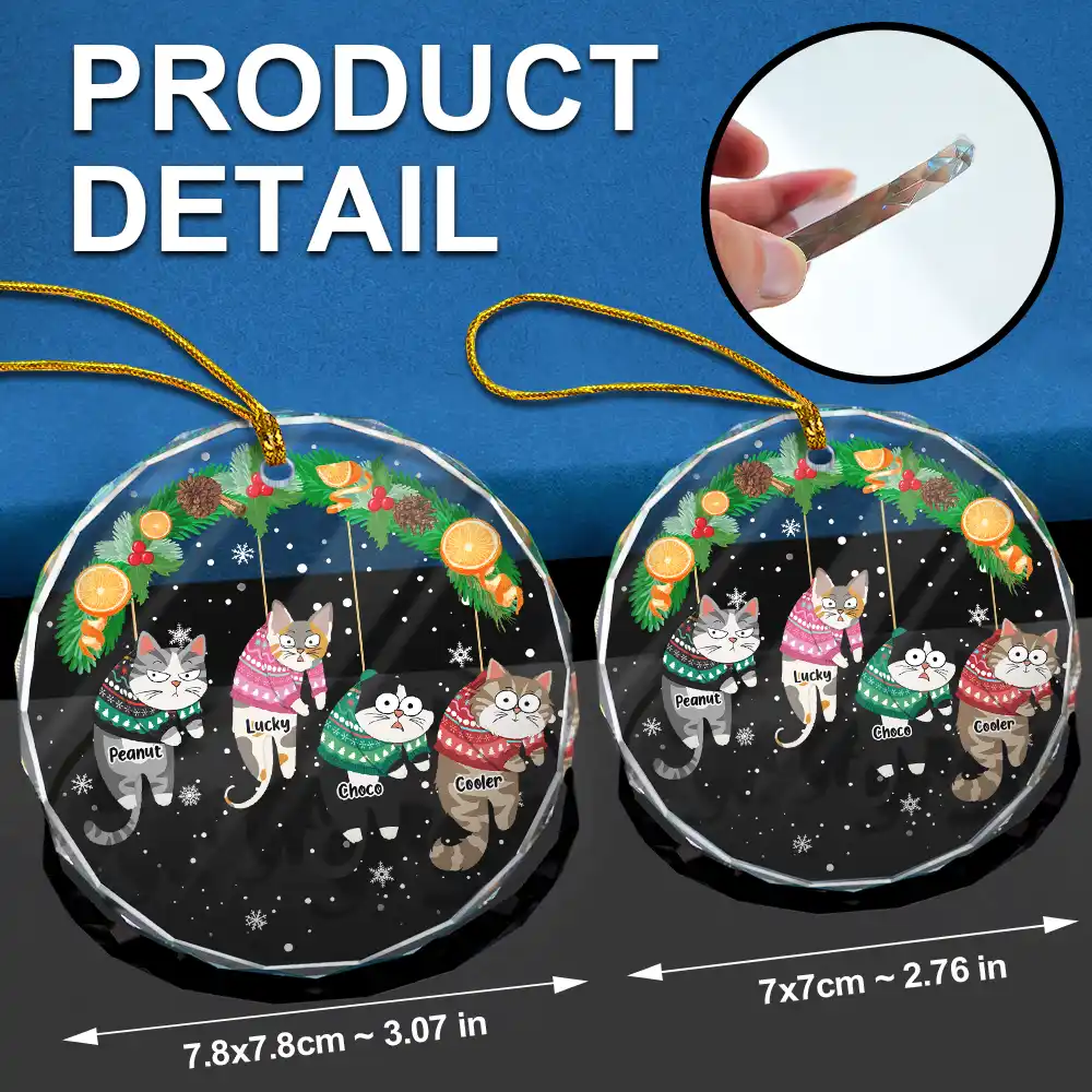 Christmas Funny Hanging Cats - Personalized Circle Glass Ornament - Image 6