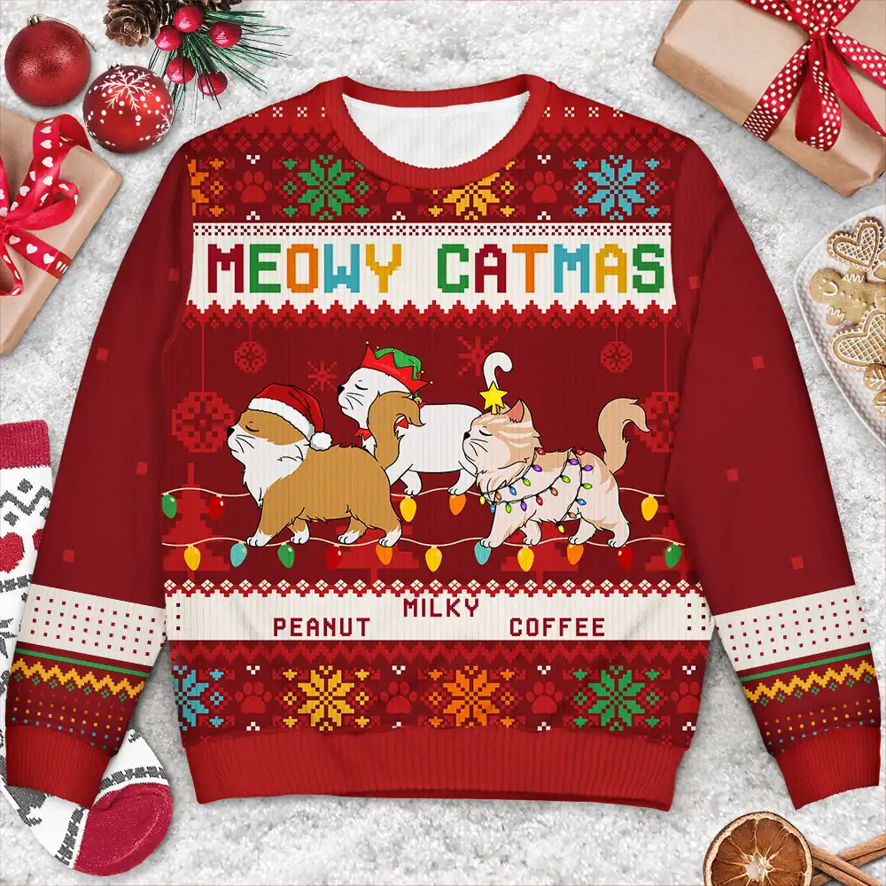 Christmas Funny Walking Cats Meowy Catmas Happy Pawlidays - Personalized Unisex Ugly Sweater - Image 3