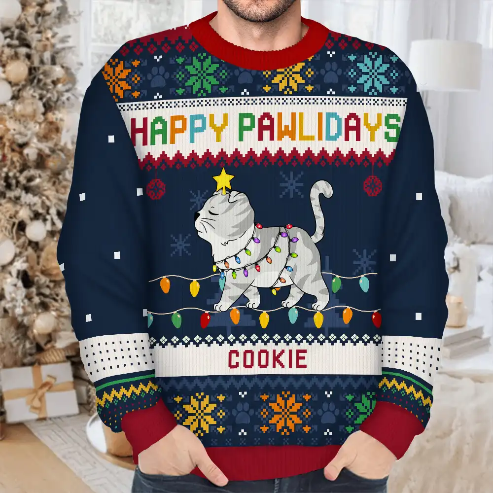 Christmas Funny Walking Cats Meowy Catmas Happy Pawlidays - Personalized Unisex Ugly Sweater - Image 4