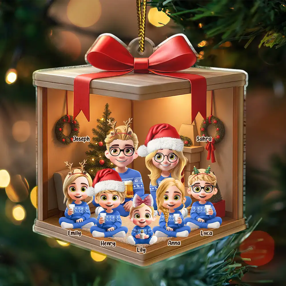 Christmas Gift Box 3D Effect Family - Personalized Custom Shaped Acrylic Ornament - Image 3
