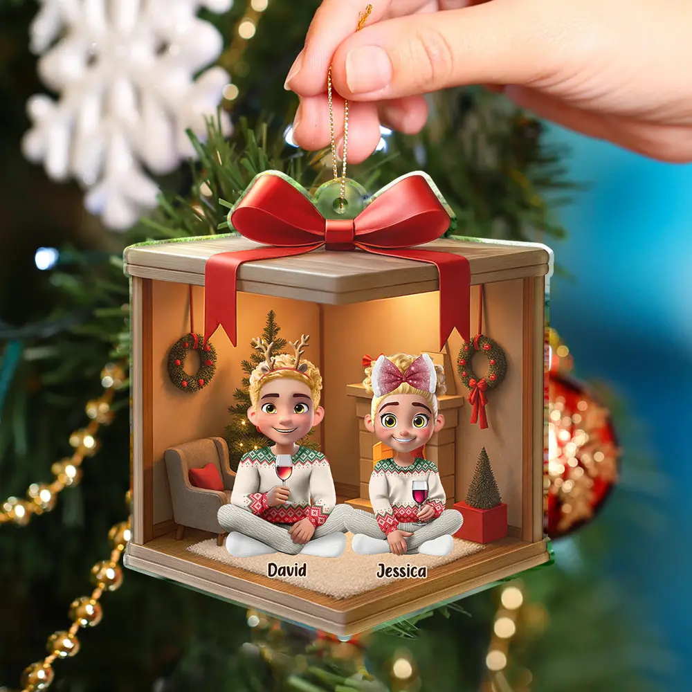 Christmas Gift Box 3D Effect Family - Personalized Custom Shaped Acrylic Ornament - Image 4