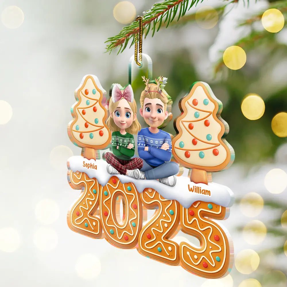 Christmas Gingerbread 3D Effect Couple Sitting - Personalized Custom Shaped Acrylic Ornament - Image 2