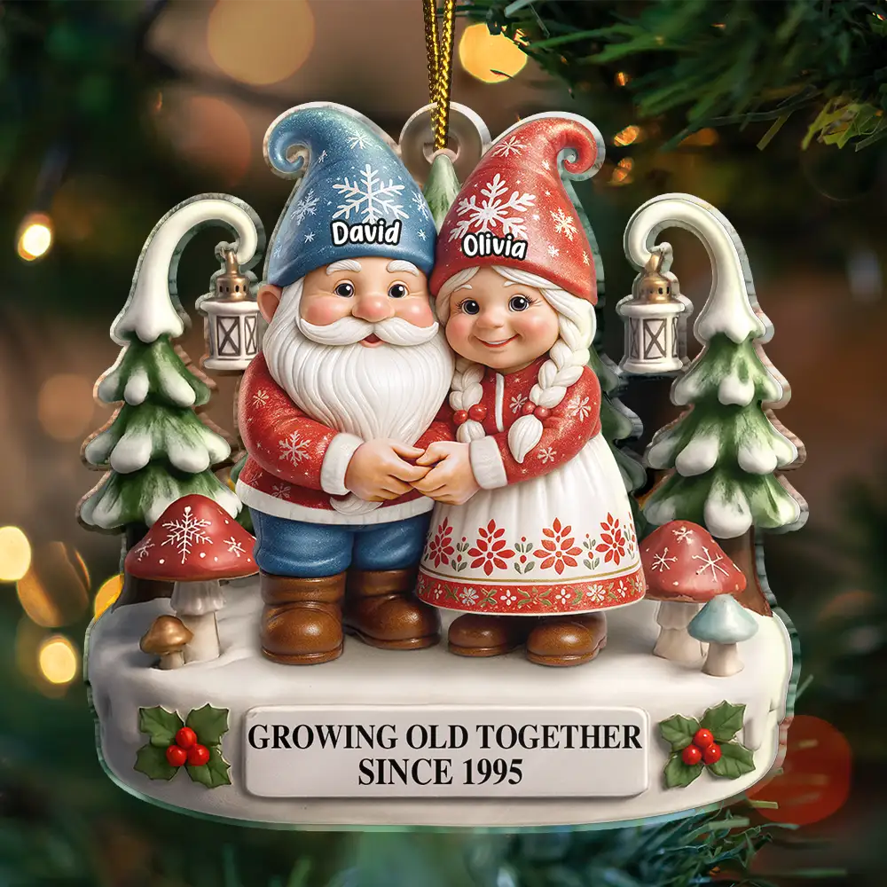 Christmas Gnome Couple Growing Old Together - Personalized Custom Shaped Acrylic Ornament - Image 3