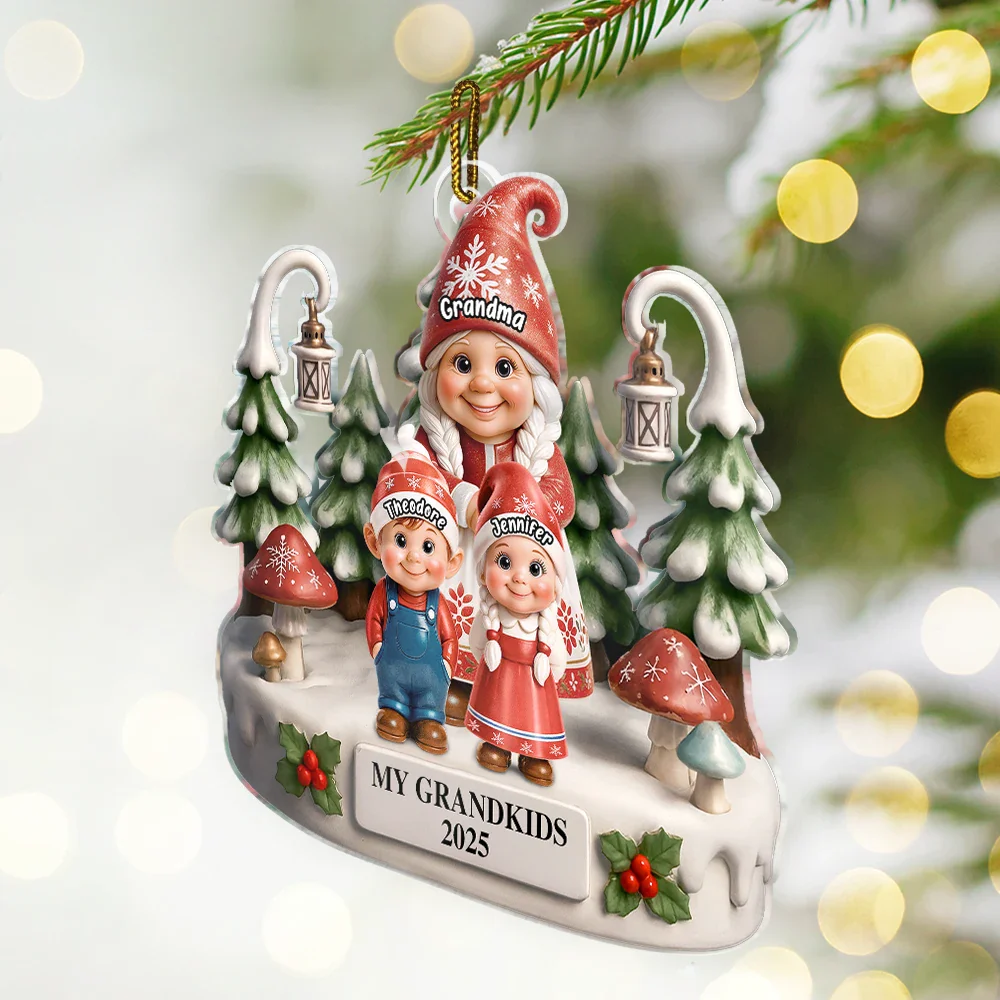 Christmas Gnome My Grandkids 3D Effect - Personalized Custom Shaped Acrylic Ornament - Image 2