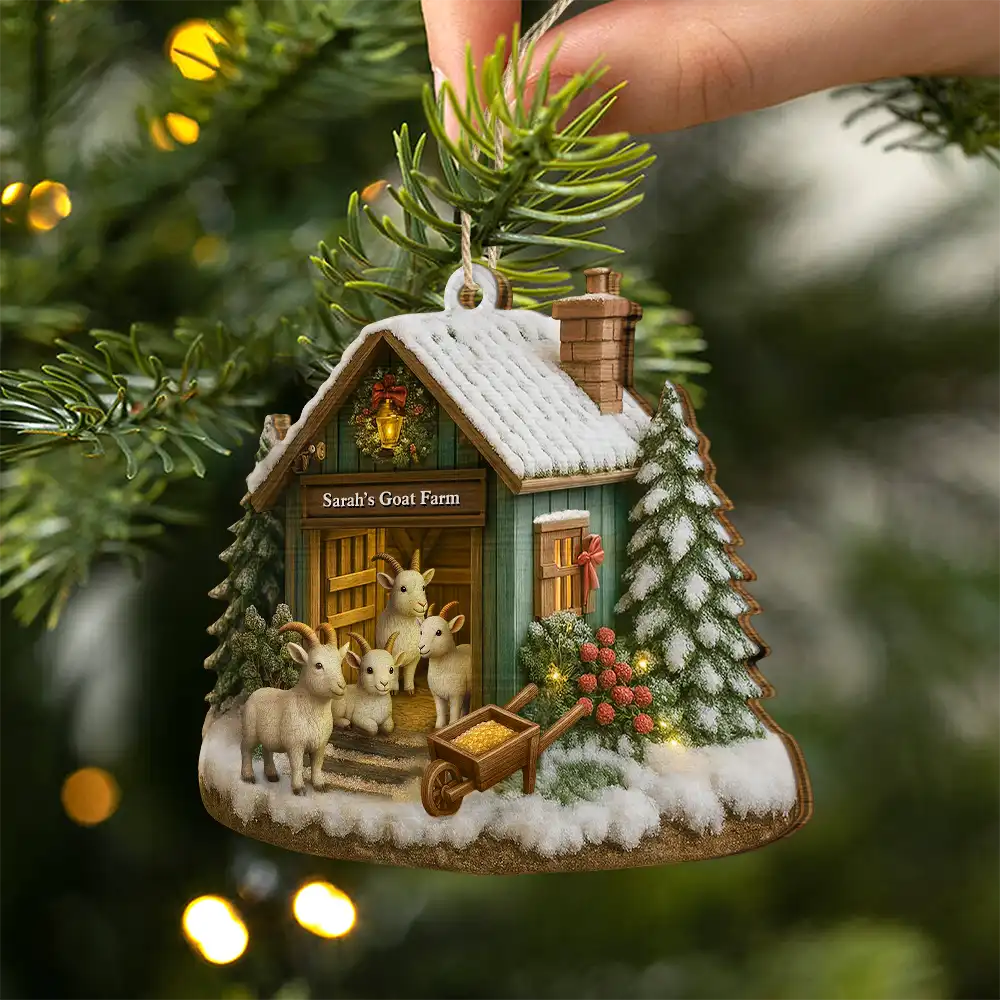 Christmas Goat Farm - Personalized Custom Shaped Wooden Ornament - Image 2