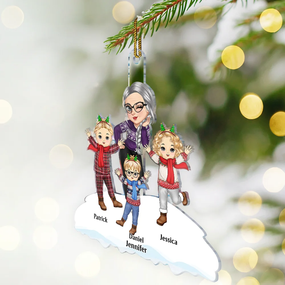 Christmas Grandma Mom Happy Dancing Kids - Personalized Cutout Acrylic Ornament - Image 2